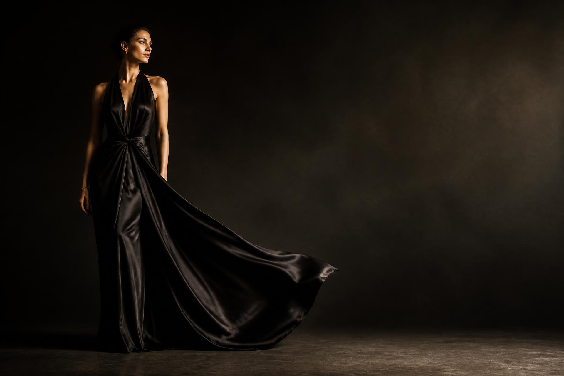 Model in a flowing black silk gown, autumn collection